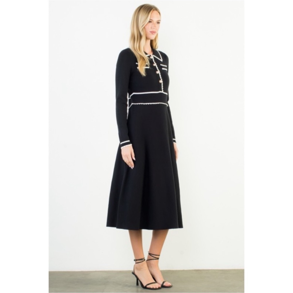 NWT | THML Boutique Black Knit with White Trim Midi A line dress Sz M